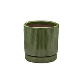 Vaso Glaze Righe Rotondo EDG in Terracotta Verde H28 con Sottopiatto Integrato