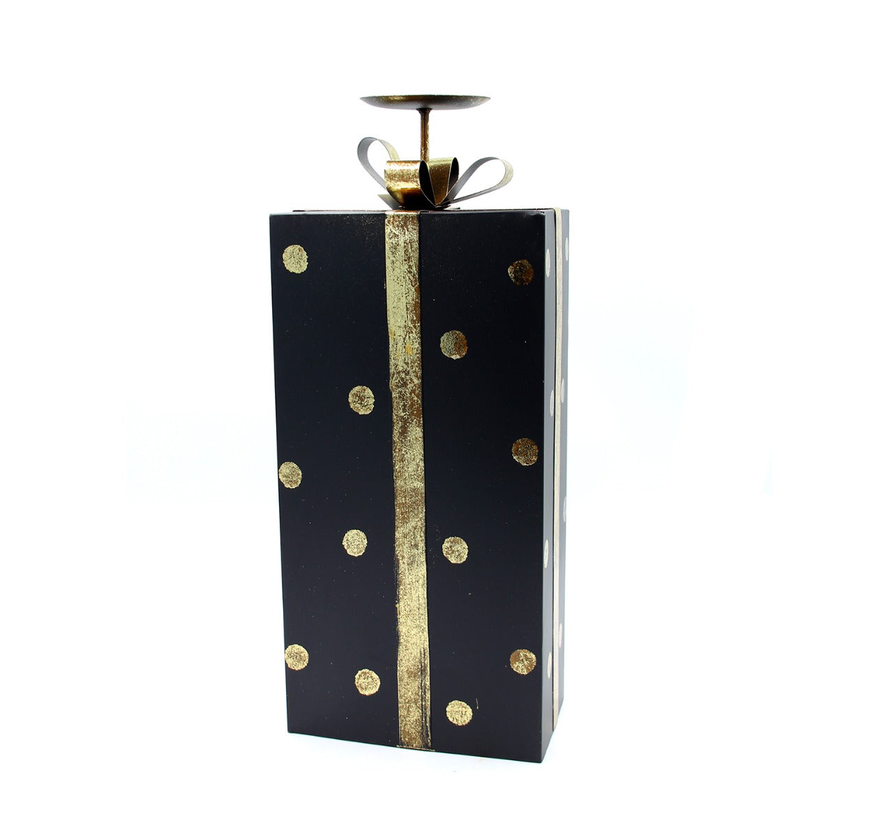 Portacandele a forma di pacco regalo nero a pois oro H48 - 1212931