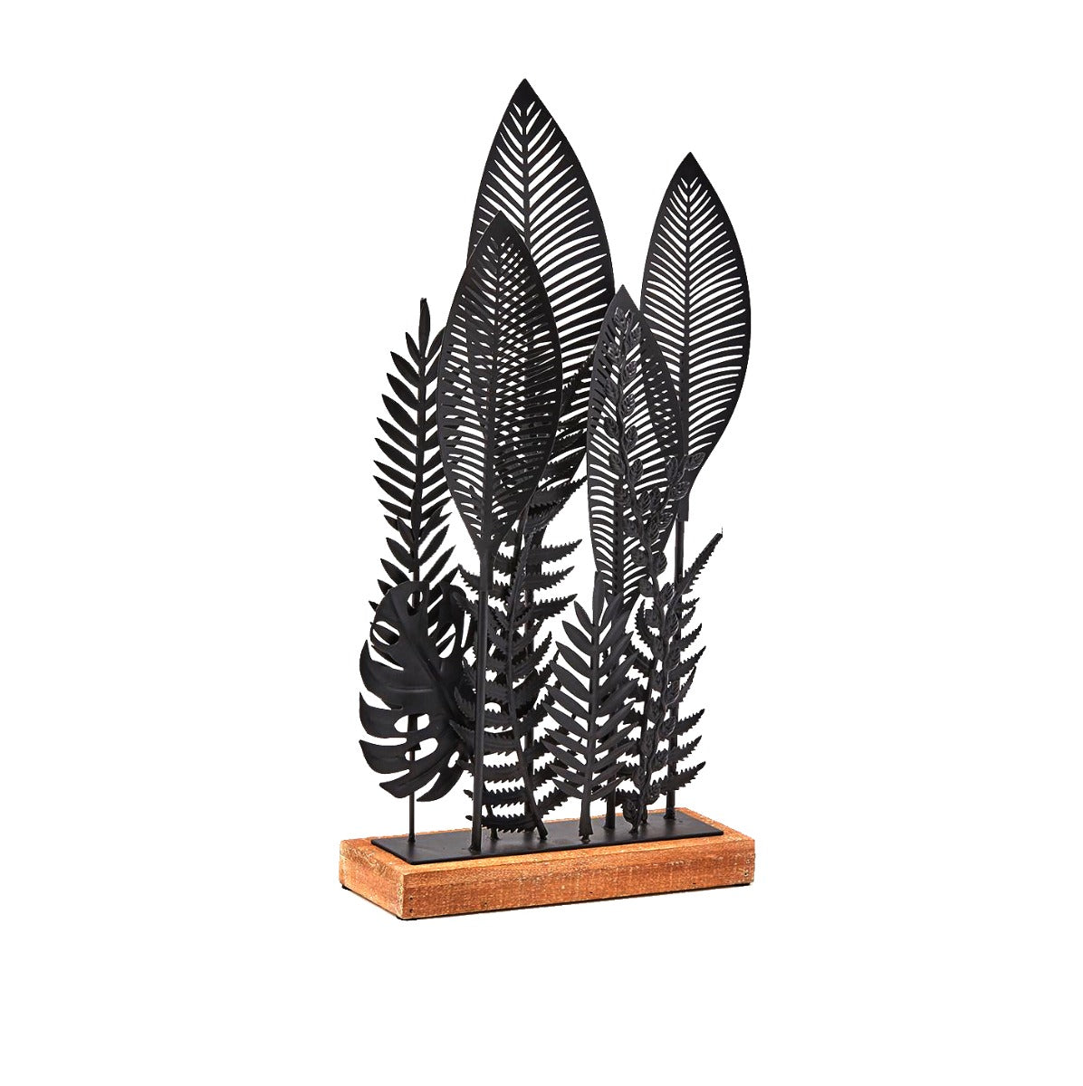 Decoro foglie metallo nero su base in legno - 601453
