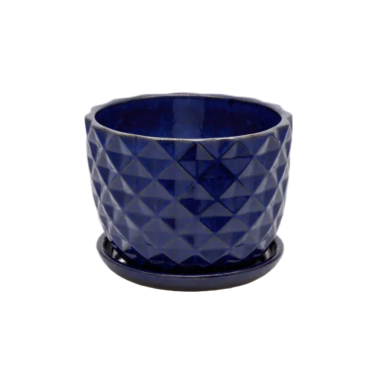 Vaso Cachepot Rombi Blu in Ceramica con Sottovaso H19 D22 – EDG