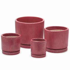 Vaso Glaze Righe Rotondo EDG in Terracotta Corallo H23 con Sottopiatto Integrato