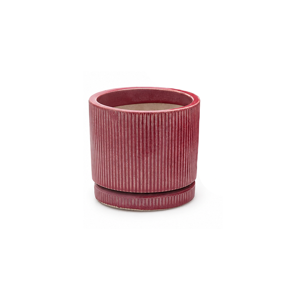 Vaso Glaze Righe Rotondo EDG in Terracotta Corallo H19 con Sottopiatto Integrato