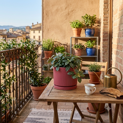 Vaso Glaze Righe Rotondo EDG in Terracotta Corallo H23 con Sottopiatto Integrato