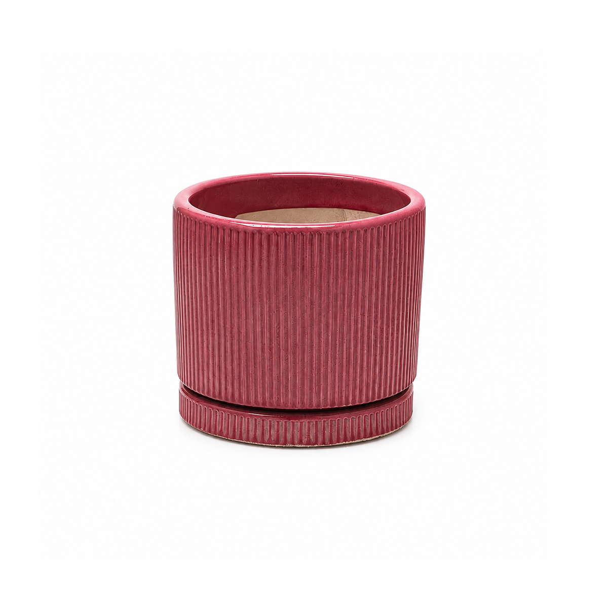Vaso Glaze Righe Rotondo EDG in Terracotta Corallo H23 con Sottopiatto Integrato