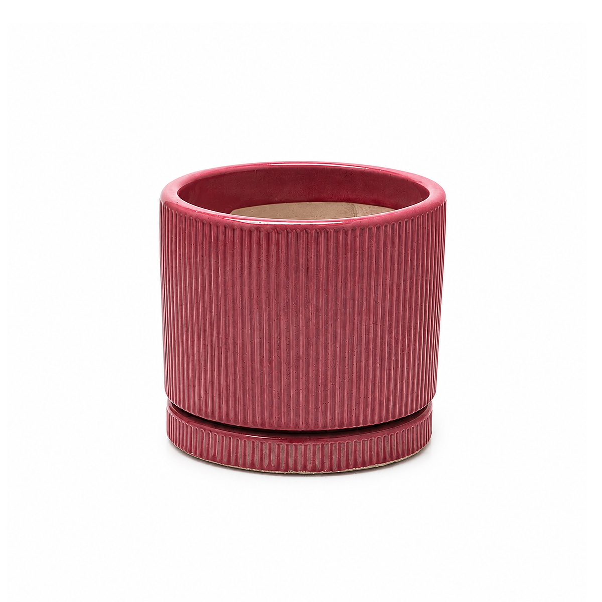 Vaso Glaze Righe Rotondo EDG in Terracotta Corallo H28 con Sottopiatto Integrato