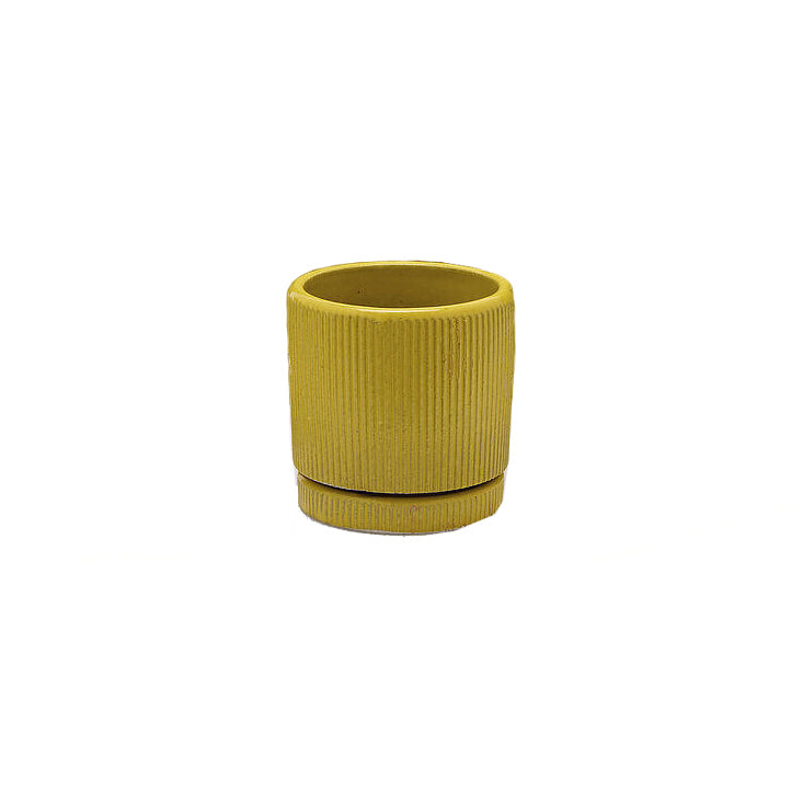 Vaso Glaze Righe Rotondo EDG in Terracotta Gialla H16 con Sottopiatto Integrato