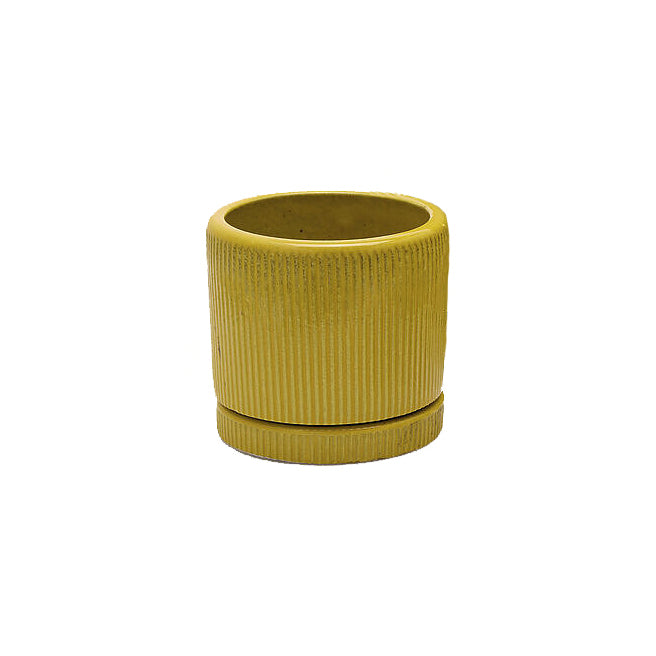 Vaso Glaze Righe Rotondo EDG in Terracotta Gialla H23 con Sottopiatto Integrato