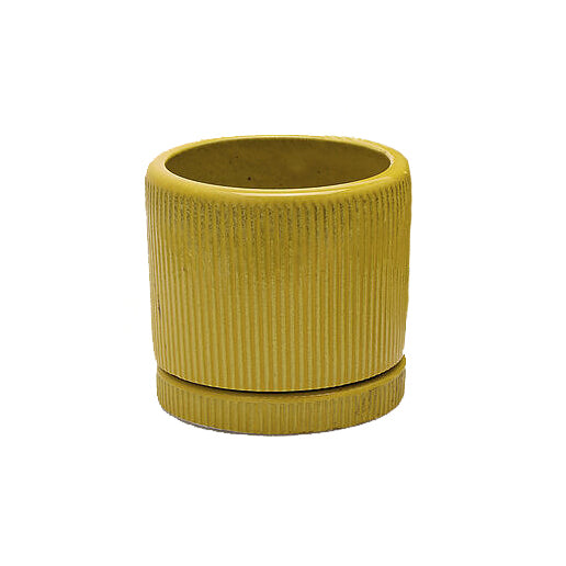 Vaso Glaze Righe Rotondo EDG in Terracotta Gialla H28 con Sottopiatto Integrato