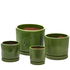 Vaso Glaze Righe Rotondo EDG in Terracotta Verde H23 con Sottopiatto Integrato