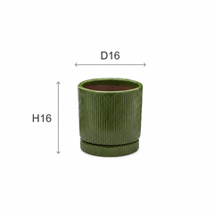 Vaso Glaze Righe Rotondo EDG in Terracotta Verde H16 con Sottopiatto Integrato