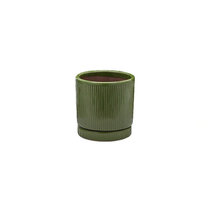 Vaso Glaze Righe Rotondo EDG in Terracotta Verde H16 con Sottopiatto Integrato