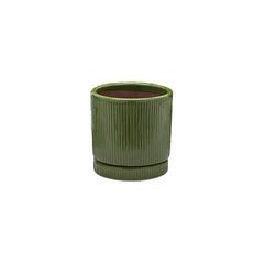 Vaso Glaze Righe Rotondo EDG in Terracotta Verde H19 con Sottopiatto Integrato