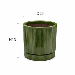 Vaso Glaze Righe Rotondo EDG in Terracotta Verde H23 con Sottopiatto Integrato