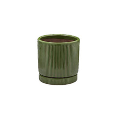 Vaso Glaze Righe Rotondo EDG in Terracotta Verde H23 con Sottopiatto Integrato