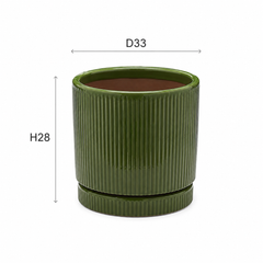 Vaso Glaze Righe Rotondo EDG in Terracotta Verde H28 con Sottopiatto Integrato