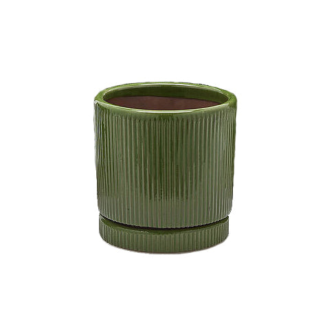 Vaso Glaze Righe Rotondo EDG in Terracotta Verde H28 con Sottopiatto Integrato