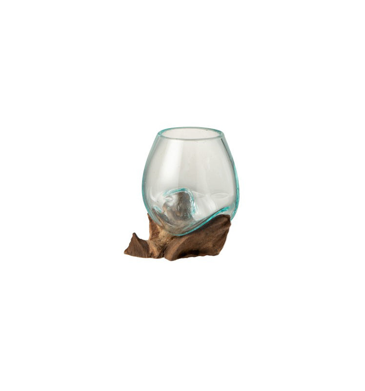 Vaso in vetro fuso riciclato su legno naturale S - 1730