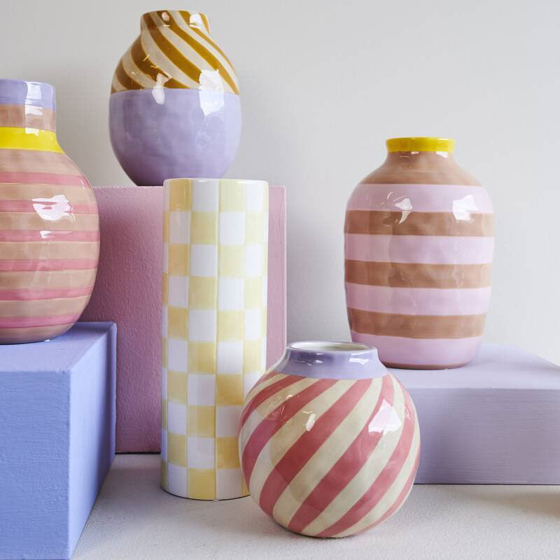 Vaso a Strisce Rosa e Beige in Ceramica H24,5 cm | Vasi di design in ceramica colorata - KAL-2000