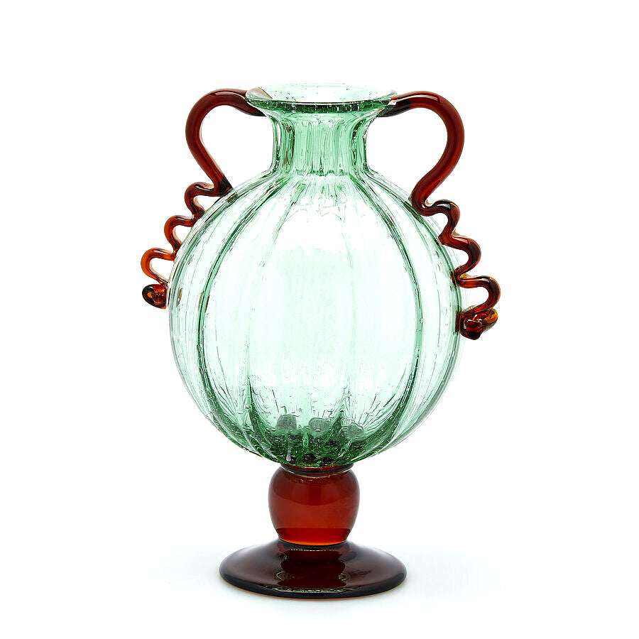 EDG Enzo De Gasperi Vaso Corinto in Vetro Verde Con Manici Ambra H42